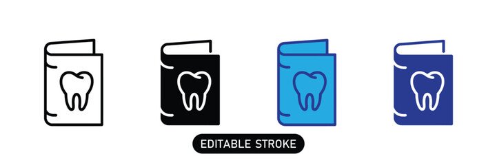 Set of four dental book icons with tooth symbol, isolated on transparent background,editable stroke for custom designs.