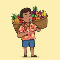 Smiling woman holding a beautiful flower and a gift bag with fresh fruit and healthy vegetables