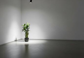 Solitary snake plant in a minimal white space illuminated by a spotlight creating a peaceful ambiance inside