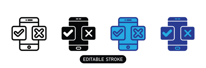 Set of four icons representing a smartphone with checkmark and cross symbols, isolated on transparent background,editable stroke for custom designs.