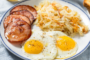 Healthy Homemade Eggs Canadian Bacon and Hash Brown Breakfast