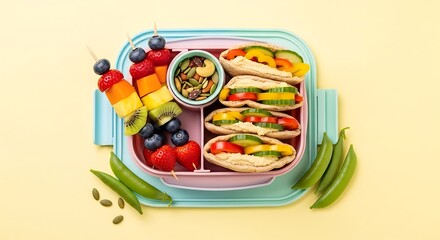 Vibrant vegan bento box showcasing colorful fruit skewers and hummus pita bread