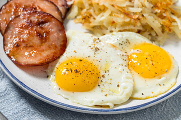 Healthy Homemade Eggs Canadian Bacon and Hash Brown Breakfast