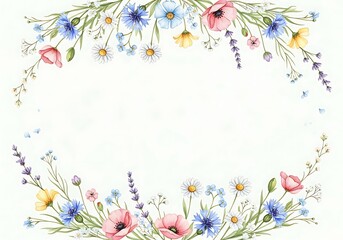 Watercolor meadow flowers frame for card or invitation, spring floral design