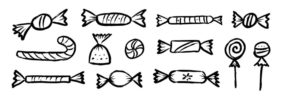 Hand drawn candy doodle set. Sketched wrapped sweets collection with candy canes, lollipops, mints. Festive decoration for birthday, Halloween, Christmas, holiday party. Vector sweet wrapper pack