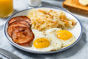 Healthy Homemade Eggs Canadian Bacon and Hash Brown Breakfast