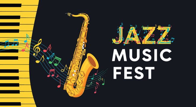 Jazz Music Festival Banner with Saxophone and Piano Keys.