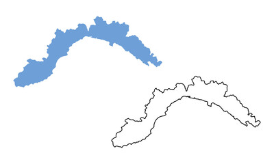 Map of Liguria is a region of Italy. Map with detailed outlines and blue silhouettes.