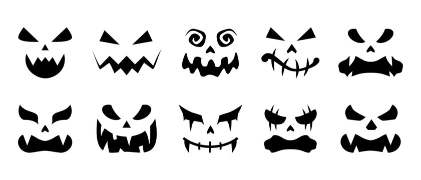Halloween collection of spooky pumpkin face silhouettes in black color isolated on transparent background. Scary carved Halloween face. Halloween carving stencils and cut templates. Vector