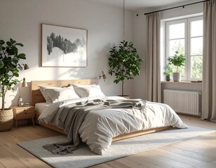 Bedroom with a minimalist design featuring a large bed and natural light