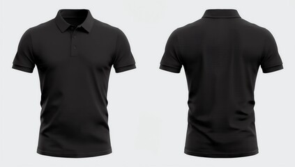 illustration of blank black polo t-shirt template, front and back design isolated on white