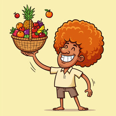 Funny cartoon illustration of a smiling man and a boy with baskets of colorful fruits