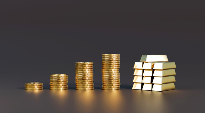 Concept of financial growth and wealth accumulation. Stacks of gold coins gradually rise toward a pile of gold bars. Designed for finance, gold investment, and economic success themes.