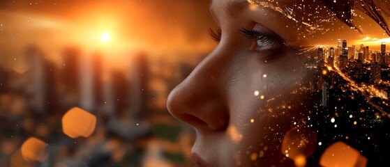 Dreamy woman silhouette with city skyline and sunrise glow in creative artwork