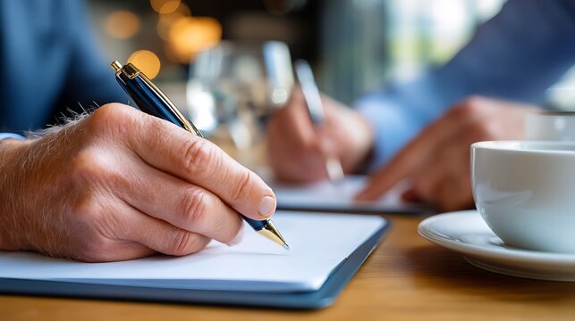 Close-Up of Hands with Pen Writing on Notebook in Business Meeting Setting - Powered by Adobe