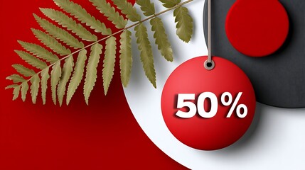 Bright Red Sale Tag with 50 Percent Discount on Abstract Background with Green Leaf