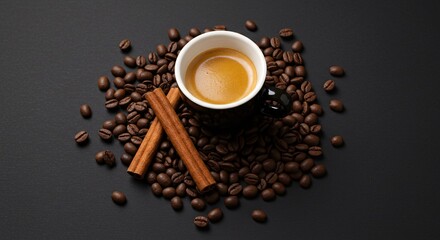 A cup of freshly brewed hot espresso with a rich crema, surrounded by whole roasted coffee beans and aromatic cinnamon sticks on a dark surface