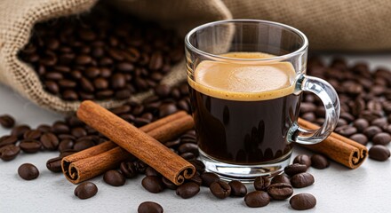 Aromatic morning coffee break concept with a steaming cup of hot espresso, roasted beans, and cinnamon sticks on a sunlit table