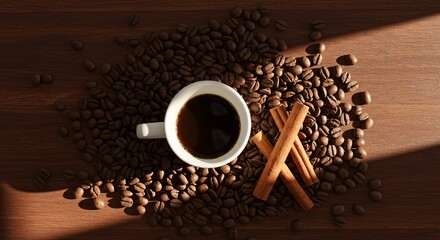 Top view of a hot cup of black coffee surrounded by roasted beans and aromatic cinnamon sticks on a dark wooden background, representing a morning break