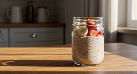 A glass jar of creamy overnight oatmeal topped with sliced bananas and strawberries, a nutritious breakfast on a sunny kitchen table