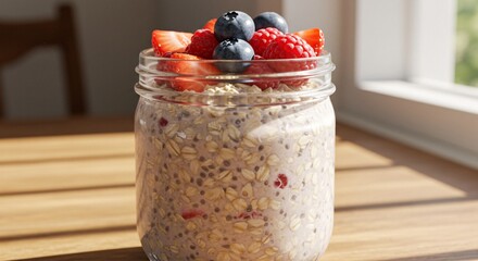A delicious and healthy jar of overnight oats topped with fresh strawberries, blueberries, and raspberries for a nutritious morning breakfast
