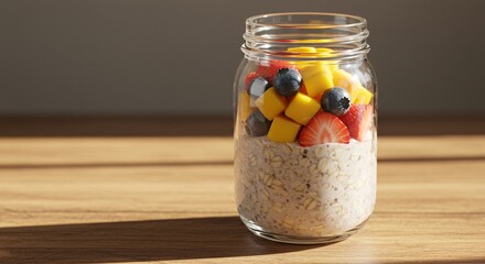 Mason jar filled with creamy overnight oatmeal, topped with colorful fresh fruit including strawberry, mango, and blueberry, a perfect healthy breakfast concept
