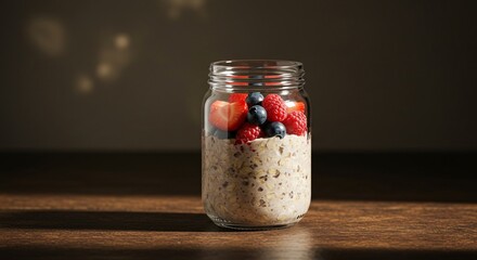 A healthy and delicious jar of overnight oats topped with a mix of fresh berries, including strawberries, blueberries, and raspberries, presented on a dark wooden table with soft lighting