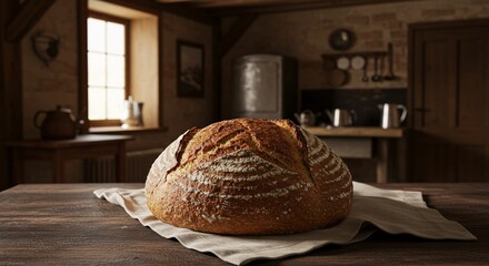 A freshly baked round loaf of artisan sourdough bread with a golden crust resting on a wooden table in a rustic farmhouse kitchen