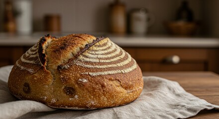 Rustic homemade sourdough bread with a beautiful swirl pattern on a linen cloth in a cozy kitchen setting