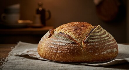 A warm, crusty loaf of homemade round bread cooling on a linen cloth in a cozy, rustic country kitchen setting