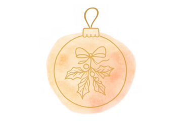 Christmas ornament watercolor drawing, gold line art mistletoe and holly design, transparent background