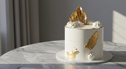 A sophisticated white frosted cake with artistic gold leaf embellishments, perfect for a modern celebration, placed on a marble surface