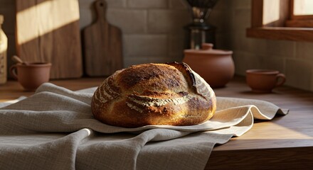 Homemade crusty sourdough loaf cooling on a wooden countertop in the warm morning light of a rustic kitchen