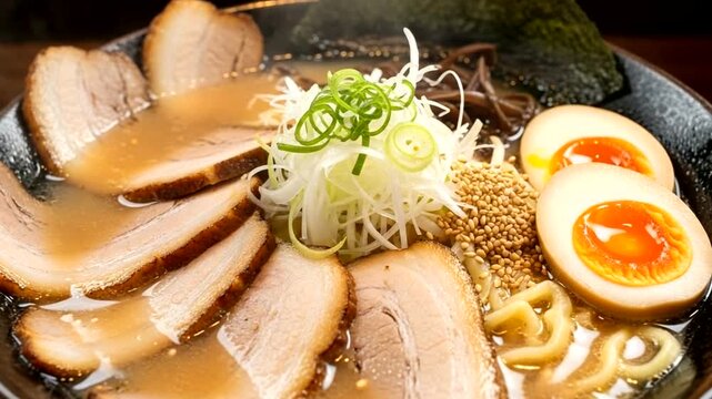 Delicious bowl of ramen with sliced pork, soft-boiled eggs, and green onions in a cozy setting