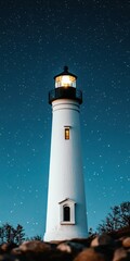 Majestic Lighthouse Illuminated by Starry Night Sky Over Ocean