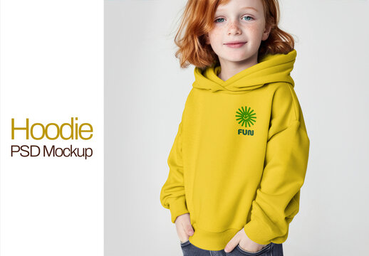 Child Wearing Yellow Hoodie Mockup PSD