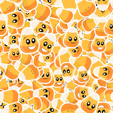 Scattered candy corn seamless pattern with emoji faces for Halloween and festive Autumn treat