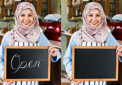 Smiling Woman Holding Chalkboard Sign Mockup Psd