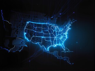 A futuristic, glowing blue map of the United States with illuminated state borders and digital network lines radiating from key pointssymbolizing connectivity, technology, or data flow across the nati