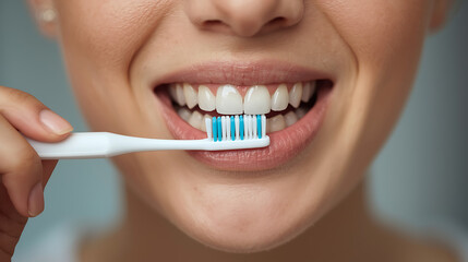 Close-up of smiling person brushing teeth with toothbrush