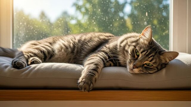 Lazy Cat Napping on Window Seat in Sunlight.