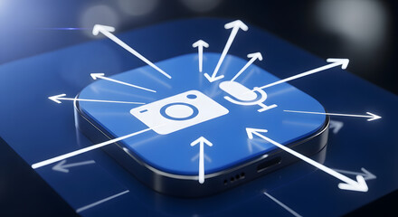 Fototapeta premium Smartphone with camera and microphone icons, surrounded by arrows indicating data sharing.