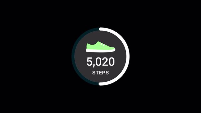 Steps count animation on black background, running ten thousands steps counting animated with alpha channel.