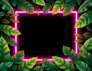 Neon Tropical Foliage Frame with Dark Background