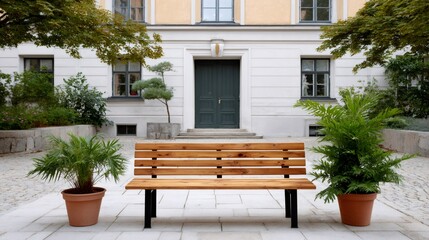 Obraz premium Wooden bench inviting repose in urban courtyard