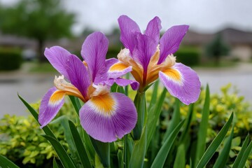 Purple iris flowers blooming in spring garden with raindrops