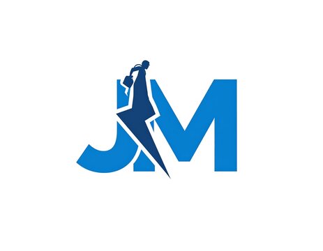 Bold blue initials with a stylized figure incorporated