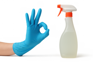 Hand in blue rubber glove making ok sign with cleaning spray bottle, expressing approval for hygiene sanitation