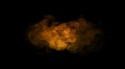 Orange smoke cloud isolated on black background, abstract motion texture symbolizing fire, dust, or explosion effect. Ideal for visual effects, creative design, or cinematic backgrounds.