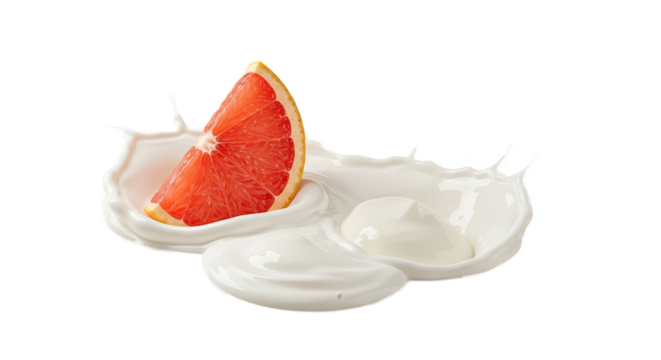 Grapefruit Slice Splash in Creamy White Liquid with Soft Red Glow